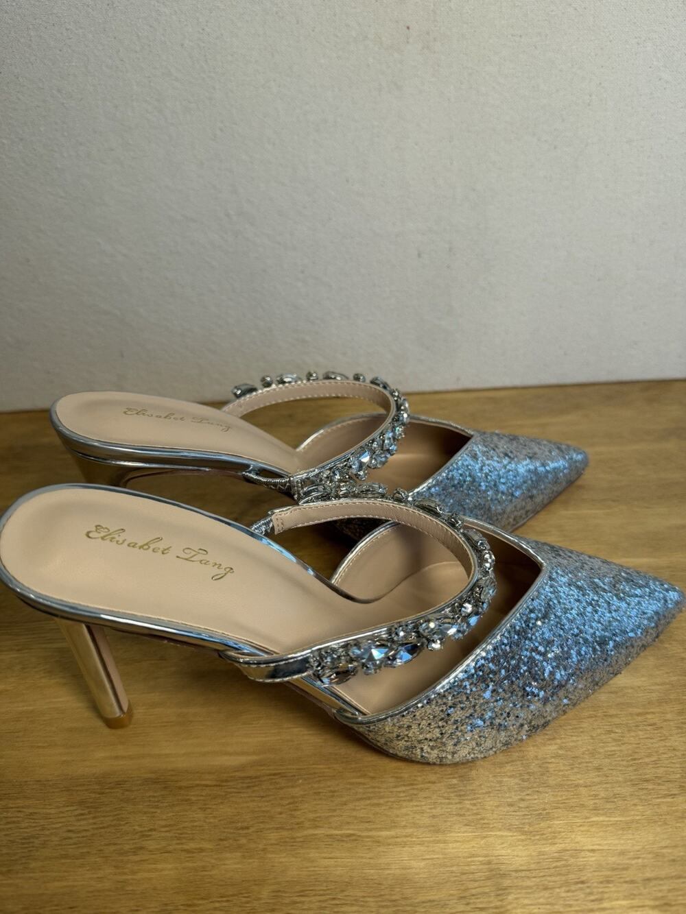 Elisabet Tang Silver Glitter Rhinestone Mule Heels Pointed Toe US 8 New